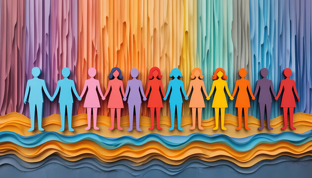 Paper cutouts of diverse figures holding hands against a colorful paper background with wavy layers