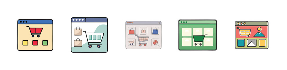 Set of web browser interfaces displaying online shopping pages, e-commerce websites, and product catalogs