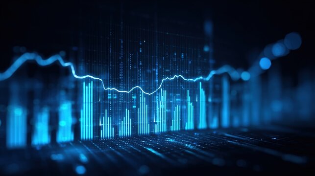 Abstract glowing blue financial bar chart and line graph showing business data analysis, trade, and growth