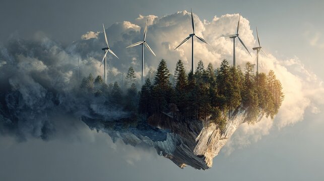 Renewable energy concept: wind turbines on a dramatic floating island ecosystem in the sky.