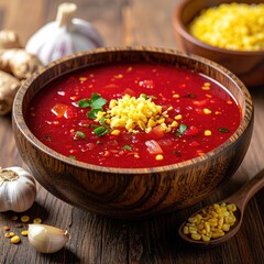 Wooden bowl of red soup, close up