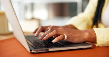 Hands, business and woman with laptop, typing and ecommerce with website info. Person, startup or...