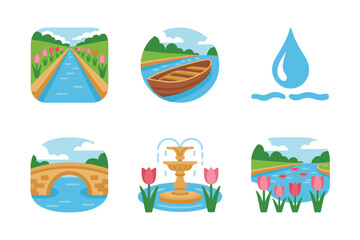 Detailed flat vector icons for environment, showing bridge, fountain, river, representing natural flow and landscape features,