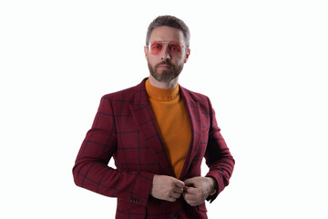 Stylish business man isolated on white. Menswear style. Young handsome man in suit jacket. Hispanic man in sunglasses. Business casual style. Menswear fashion for man. Urban menswear style