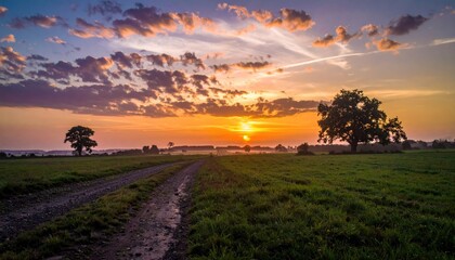 Vivid sunset over grassy field & path