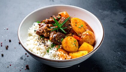 Bowl of stew with rice and potatoes