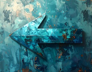 Textured artwork features a blue arrow pointing left against a teal backdrop