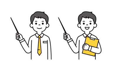 指示棒を持って説明する、ワイシャツを着た若い男性の上半身ベクターイラスト素材セット