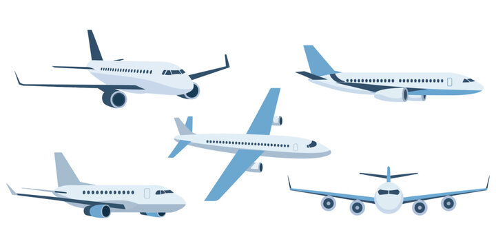 Passenger plane flying in the sky, side view, travel concept, aviation and transportation vector illustration, air travel and journey theme.