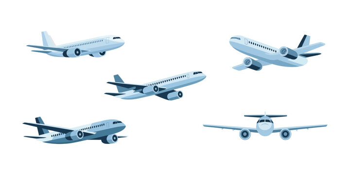 Passenger plane flying in the sky, side view, travel concept, aviation and transportation vector illustration, air travel and journey theme.