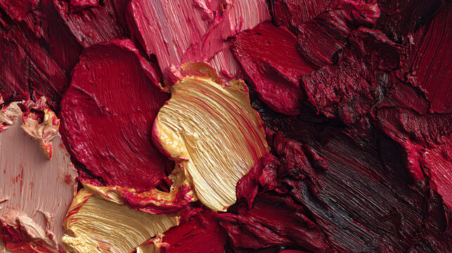 A vibrant close-up of textured paint strokes in rich red and gold hues, showcasing the beauty of artistic expression.