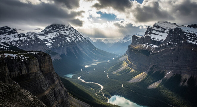 Dramatic mountain scenery unfolds under a cloudy sky, with snowcapped peaks, a winding river, and rugged cliffs creating a breathtaking vista of natures grandeur