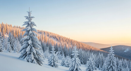 Snowy Mountain Christmas Background with Winter Trees and Blue Sky