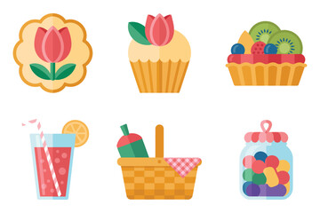 Flat vector icons for outdoor meal, featuring cupcake, berries, drinks, representing summer picnic food and sweet treats,