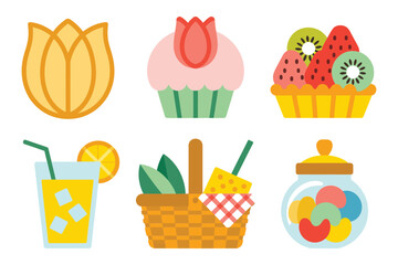 Flat color icons for festive picnic, illustrating cupcake, juice, basket, representing sweet food and outdoor summer party,