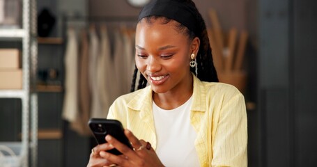 Phone, small business or black woman in office for shipping, fashion supply chain or online...