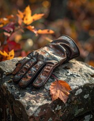 Glove on a rock with autumn leaves