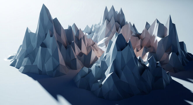 Low poly mountain range landscape with sharp peaks and triangular facets, creating a modern and abstract representation of nature