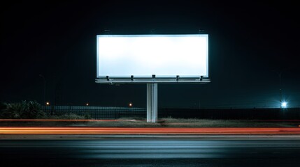 A blank billboard at night, illuminated by surrounding lights, showcasing a serene yet stark scene of urban space.