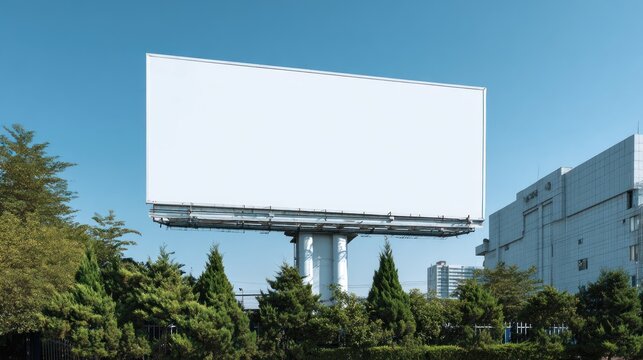 A large, blank billboard stands against a clear blue sky, surrounded by greenery and a modern building, awaiting content for advertisement.