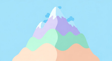 A whimsical mountain range with pastel hues and soft clouds, creating a dreamy and playful landscape illustration against a serene blue sky backdrop