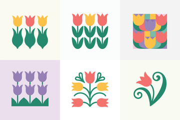 Flat color icons for decorative element, illustrating tulips, hearts, pattern, representing natural beauty and spring ornament,