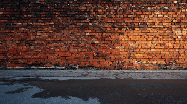 A textured brick wall with warm hues, contrasted by a wet pavement, creates an urban, industrial atmosphere.