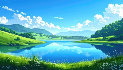 Serene lake landscape with lush hills
