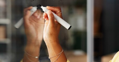 Startup, writing and hands of person with idea for distribution, supply chain and logistics. Small business, office and worker with glass board for delivery schedule, supplier strategy and planning