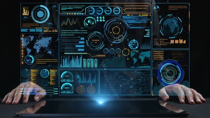 Explore a captivating futuristic data visualization interface showcasing analytical graphics and metrics suitable for business and technology professionals. Cipher