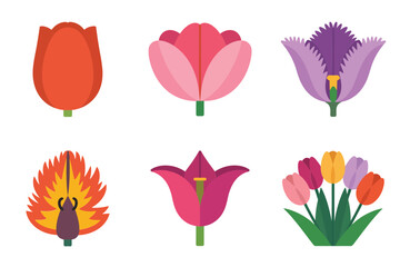 Flat vector icons for spring flowers, featuring various colored tulips, representing beautiful blooms and natural decoration,