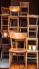 Stacked vintage wooden chairs on wood