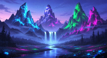 A breathtaking fantasy landscape featuring vibrant, glowing mountains, cascading waterfalls, and a serene river flowing through a magical forest