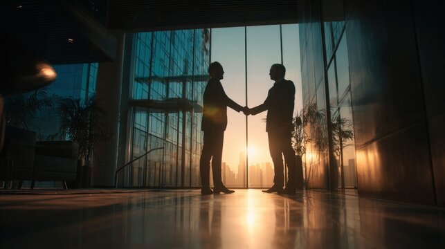 Silhouetted figures shake hands in a modern setting, with a stunning sunset illuminating the background through large glass windows.