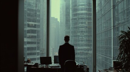 A businessman gazes out at a rainy cityscape from his office, surrounded by skyscrapers, reflecting a mood of contemplation and solitude.