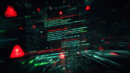 A dynamic visual of green and red code snippets, suggesting a high-tech environment, with warning symbols indicating potential errors or alerts.