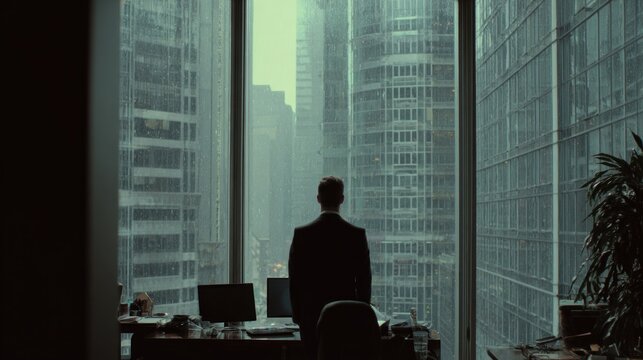 A businessman gazes out at a rainy cityscape from his office, surrounded by skyscrapers, reflecting a mood of contemplation and solitude.