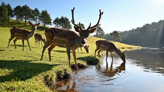 Group of Deer Drinking and Grazing by Lake on Sunny Day