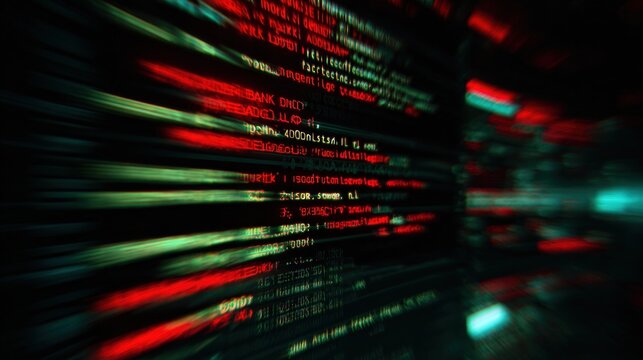 Abstract digital background featuring blurred code in red and green hues, evoking a sense of technology and data flow.