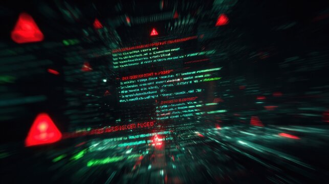 A dynamic visual of green and red code snippets, suggesting a high-tech environment, with warning symbols indicating potential errors or alerts.
