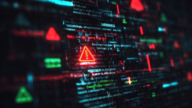 A digital display featuring red warning symbols and green text, suggesting a focus on cybersecurity or data monitoring.