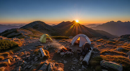 Camping tents bask in the golden light of sunrise atop a mountain peak, offering a stunning view of the surrounding landscape and a sense of adventure