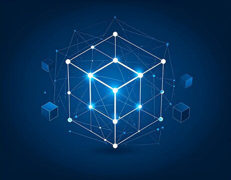 Geometric cube structure with interconnected lines and glowing nodes
