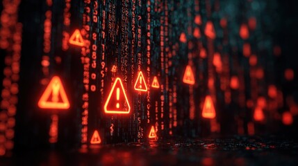 A visually striking scene featuring glowing red warning signs amidst cascading digital binary code, evoking a sense of urgency and information overload.
