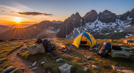 Camping adventure at sunset in the mountains with a tent, backpacks, and a campfire, creating a scenic and peaceful outdoor experience in nature
