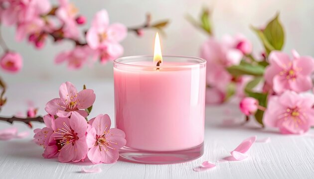 Pink candle burning with blooming cherry blossoms with spring vibes on white wood.