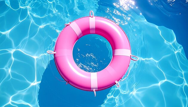 Pink lifebuoy floating in clear blue water with summer vacation, and pool safety.
