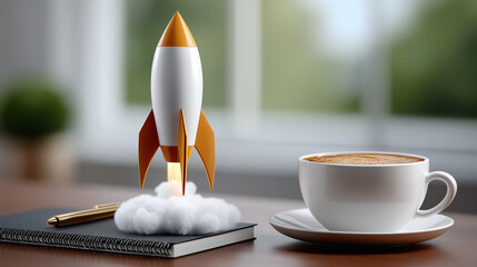 Rocket Launch With Coffee Cup and Notebook on Table