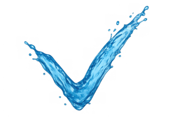 Water check mark symbol forming from blue fluid splashes, representing purity, approval, and verification on transparent background