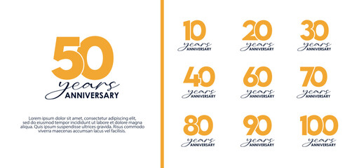 Gold anniversary logo set design collection — elegant 10 to 100 years celebration badges on white background, modern vector template for event branding